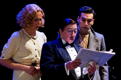 Production still for the STC season of "Calpurnia Descending". L-R: Ash Flanders, Sandy Gore, Peter Paltos. Photographer: Brett Boardman