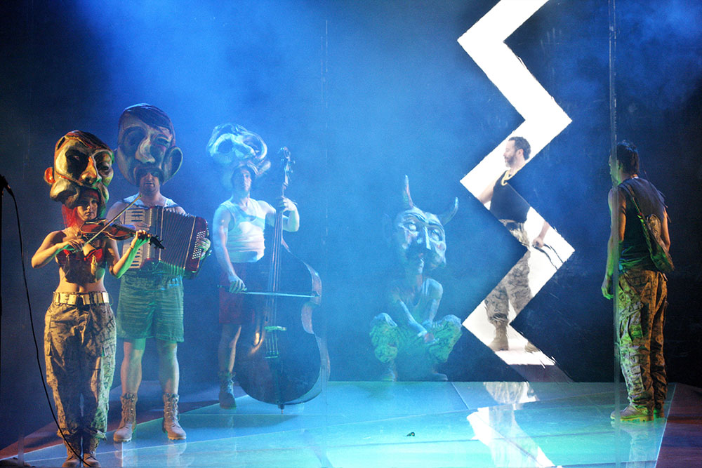 Production still for "Woyzeck". L-R: Xani Kolac, Simon Burke, Dan Witton, Tim Rogers, Marco Chiappi, Socratis Otto. Photographer: Jeff Busby