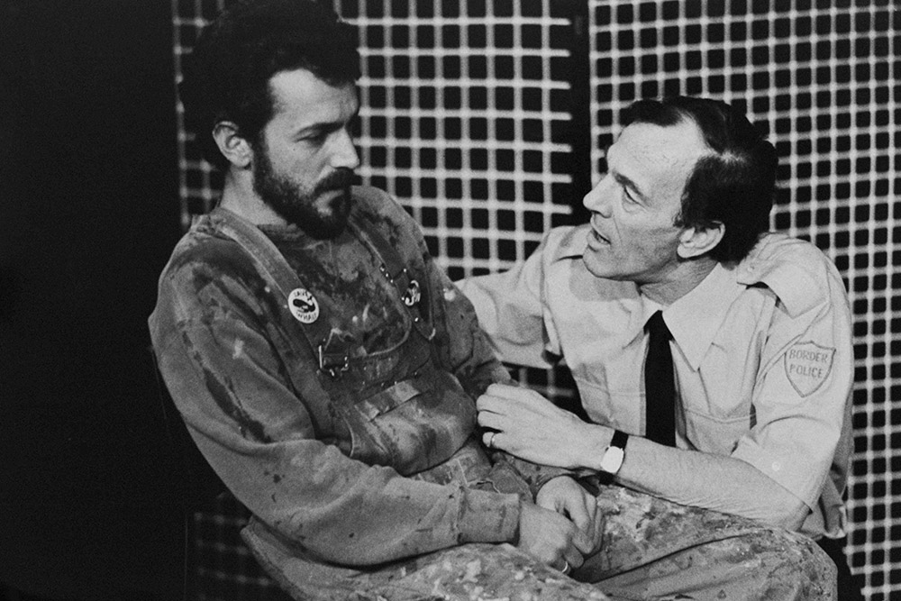 Production still for "Interrogation of Angel". L-R: Gary Samolin as John Kenny, Roy Baldwin as Sgt Suck. Photographer: David Parker