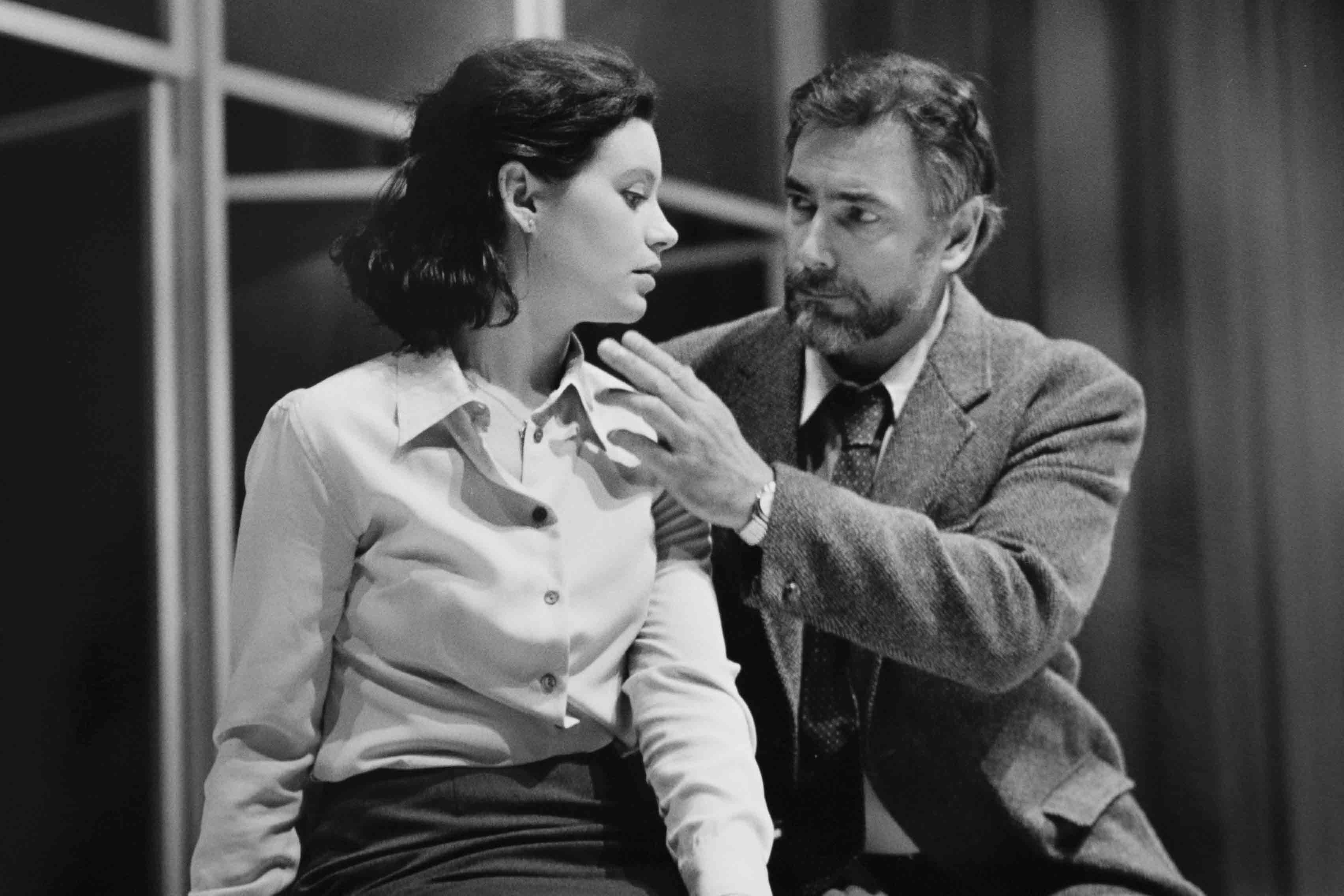 Production still for "Jungfrau". L-R: Amanda Douge as Thea McKinley, Ian Scott as Professor Owen Glover. Photographer: Jeff Busby