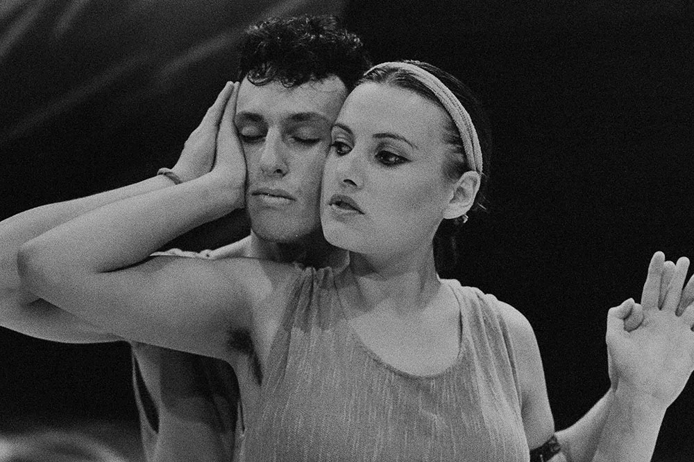 Production still for "This Antigone". L-R: Alan Knoepfler, Terrie Waddell. Photographer: David B. Simmonds
