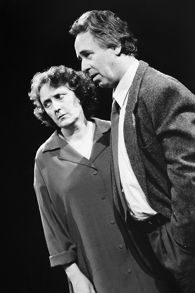 Production still for "Jerusalem". L-R: Kerry Walker as Vivien Rickman, Roger Oakley as Cameron Rickman. Photographer: Jeff Busby