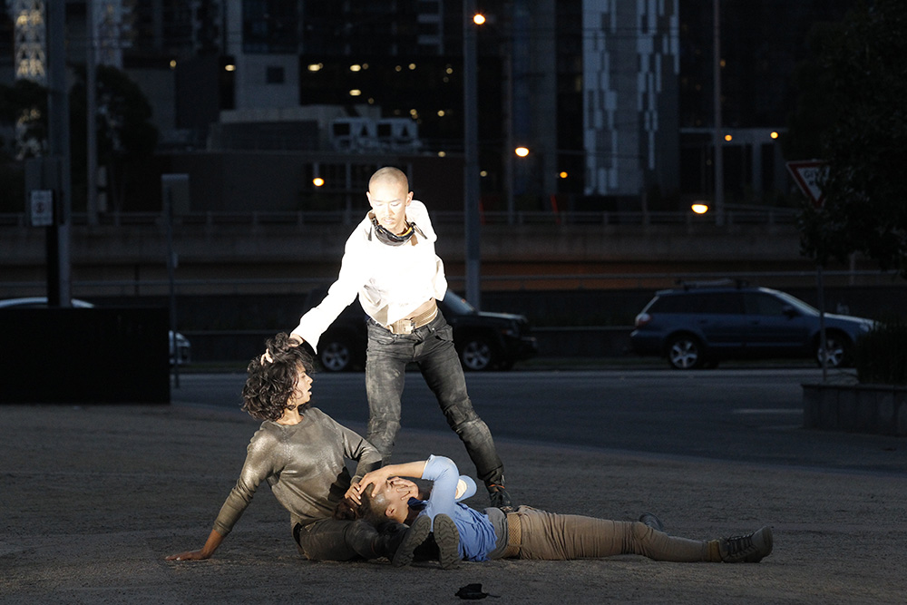 Production still for "Depth of Field". L-R: Niharika Senapati, James Vu Anh Pham, Tara Jade Samaya. Photographer: Jeff Busby