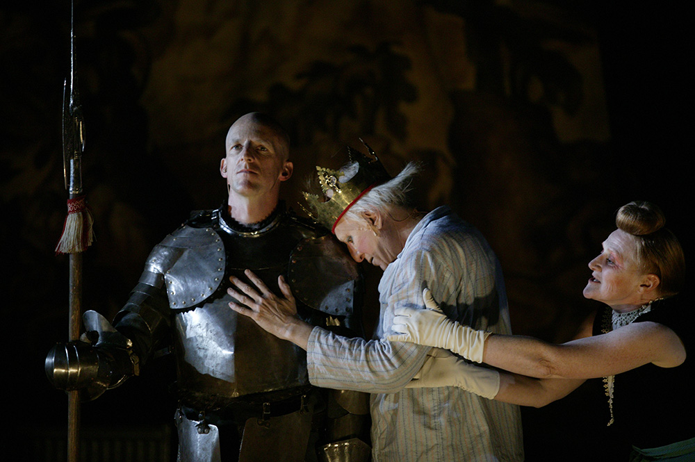 Production still for "Exit the King". L-R: David Woods, Geoffrey Rush, Julie Forsyth. Photographer: Lisa Tomasetti