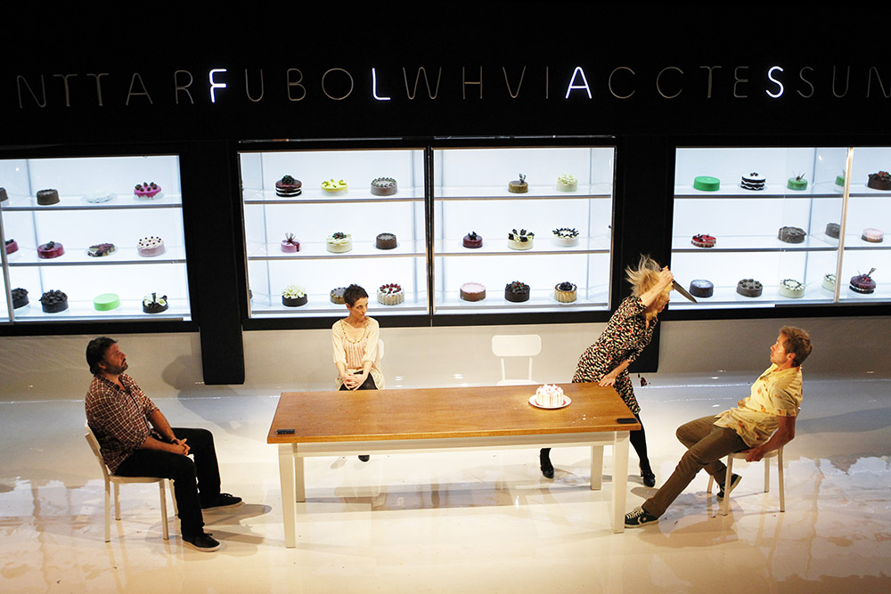 Production still for "Porn.Cake". L-R: Luke Elliot as Bill, Christen O'Leary as Anne, Heather Bolton as Bella, Travis McMahon as Ant. Photographer: Jeff Busby 