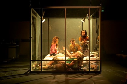 Production still for "Criminology". L-R: Bojana Novakovic, Samantha Tolj (lying), Luke Ryan, Jing-Xuan Chan. Photographer: Ross Bird