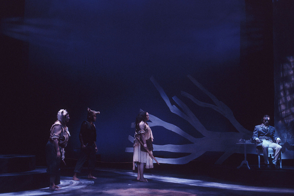 Production still for "Yanagai! Yanagai!". L-R: Lou Bennett, Bryan Andy, Lisa Maza, David Adamson. Photographer: Ponch Hawkes