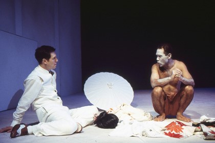 Production still for "Miss Tanaka". L-R: Jeremy Stanford as Mott, Bradley Byquar as Kazuhiko. Photographer: Jeff Busby