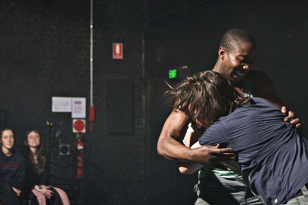 Production still for "Happiness". L to R: Terry Yeboah, Todd Macdonald. Photographer: Belinda Strodder