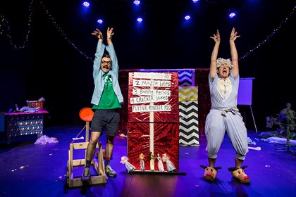 Production still for "The Listies Ruin Christmas". L-R: Richard Higgins, Matt Kelly. Photographer: Pia Johnson