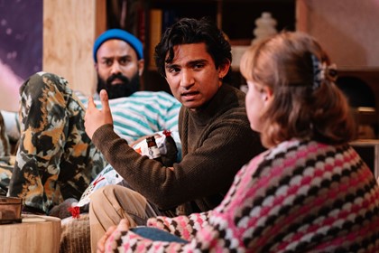 Production still for the 2022 Season of 'Stay Woke'. L-R: Dushan Philips, Kaivu Suvarna, Rose Adams. Photographer: Phoebe Powell