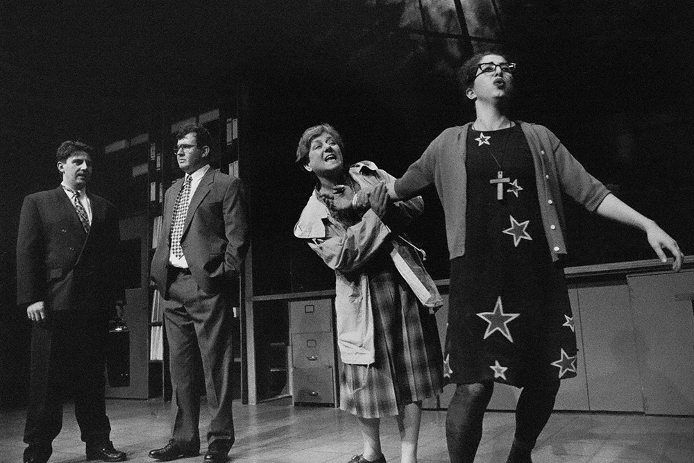 Production still for "Competitive Tenderness". L-R: Simon Palomares, Francis Greenslade, Monica Maughan, Doris Younane. Photographer: Jeff Busby