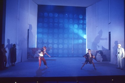 Production still for "Miss Tanaka". L-R: Bradley Byquar as Kazuhiko, Tam Phan as Mr Tanaka, Tony Yap as Hanif, Yumi Umiumare as Sakamoto, Jeremy Stanford as Mott. Photographer: Jeff Busby