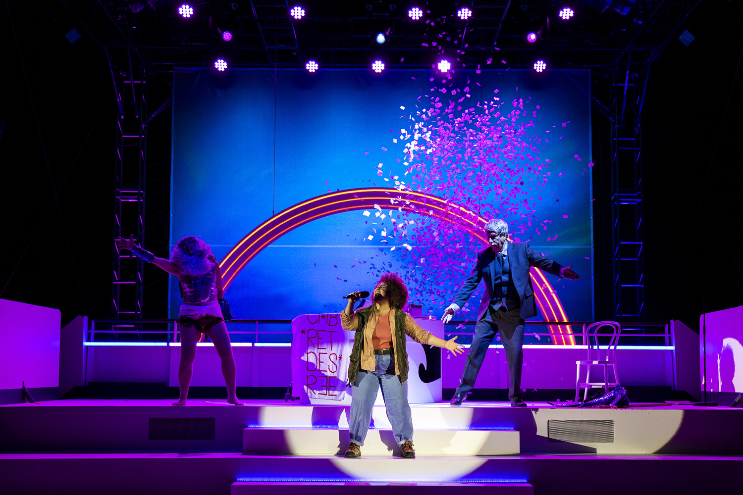 Production still for the 2021 Season of 'S.S. Metaphor'. L-R: Natalie Gamsu, Zenya Carmellotti, Will Conyers. Photographer: Pia Johnson