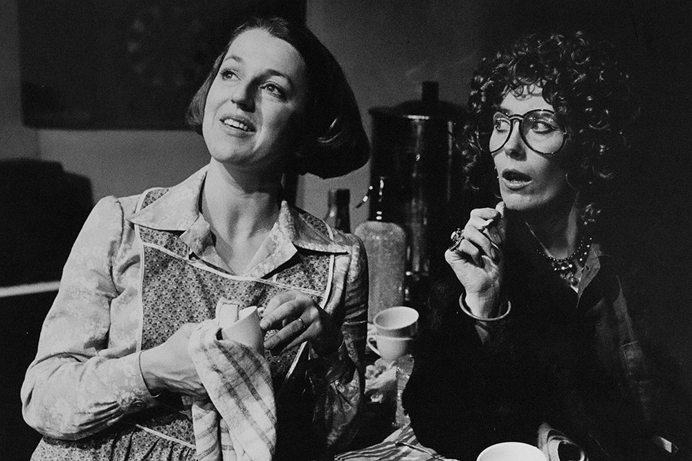 Production still for "Outside Edge". L-R: Kirsty Child as Miriam, Julia Blake as Maggie. Photographer: Jeff Busby