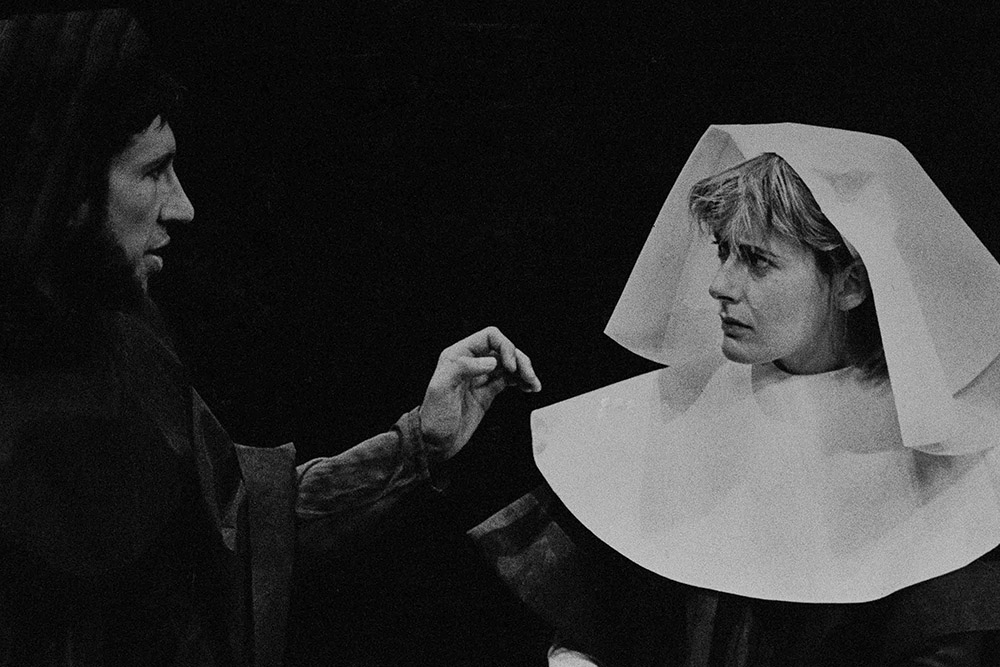 Production still for "Measure for Measure". L-R: Dean Nottle, Margaret Cameron. Photographer: David B. Simmonds