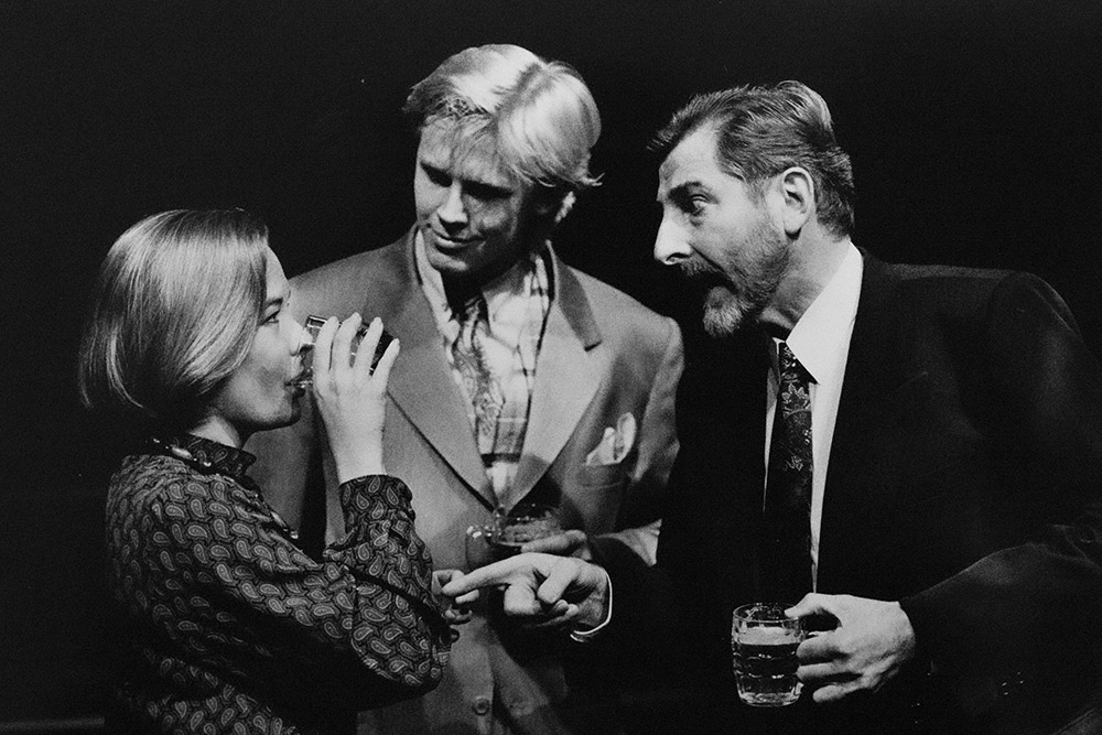 Production still for "Underwear, Perfume, Crash Helmet". L- R: Penelope Stewart as Blair, Simon Wilton as Patrick, John Gregg as Lionel. Photographer: Jeff Busby