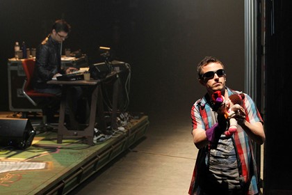 Production still for "'Tis Pity She's a Whore". L-R: Jethro Woodward (musician), Chris Ryan as B.. Photographer: Jeff Busby