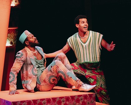 Production Photography from WHO NO KNO GO KNO (2024). Photographer: Wani Toaishara. In photograph: Alpha Kargbo & Tane Williams Accra