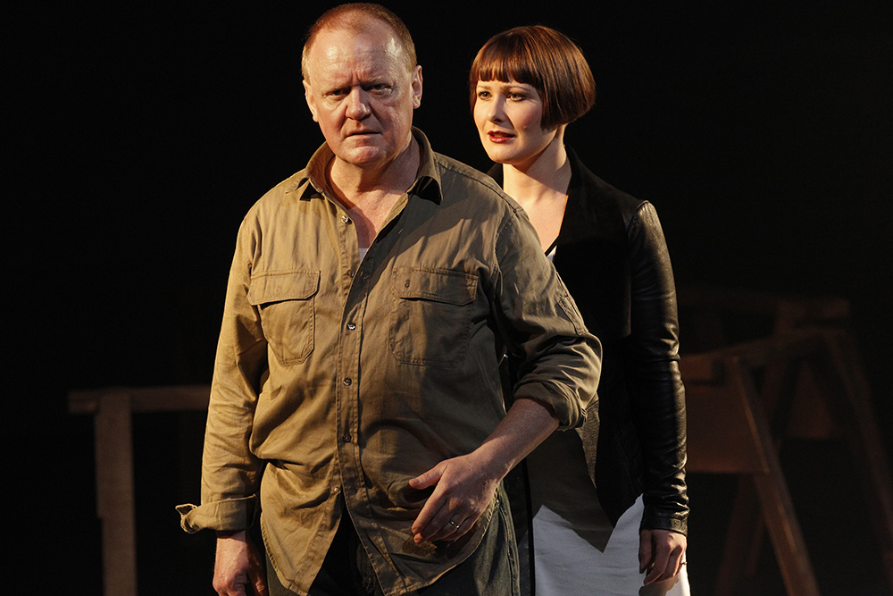 Production still for "The Riders". L-R: Barry Ryan as Scully, Jessica Aszodi as Jennifer. Photographer: Jeff Busby