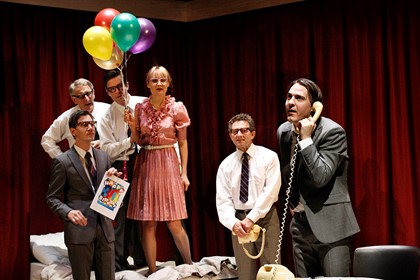 Production still for "The Trial". L-R: Hamish Michael (front), John Gaden, Peter Houghton, Rita Kalnejais, Igor Sas, Ewen Leslie. Photographer: Jeff Busby