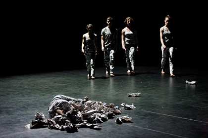 Production still for "Human Interest Story". L-R: Alisdair Macindoe (lying), Jessica Wong, Stuart Shugg, Talitha Maslin, Stephanie Lake. Photographer: Jeff Busby