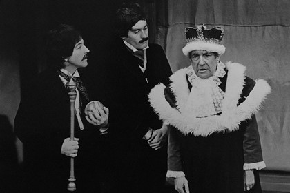 Production still for "The Virgin: Miracles for Christmas". L-R: Bill Connolly, Peter Ford, Michael Duffield. Photographer: Jeff Busby