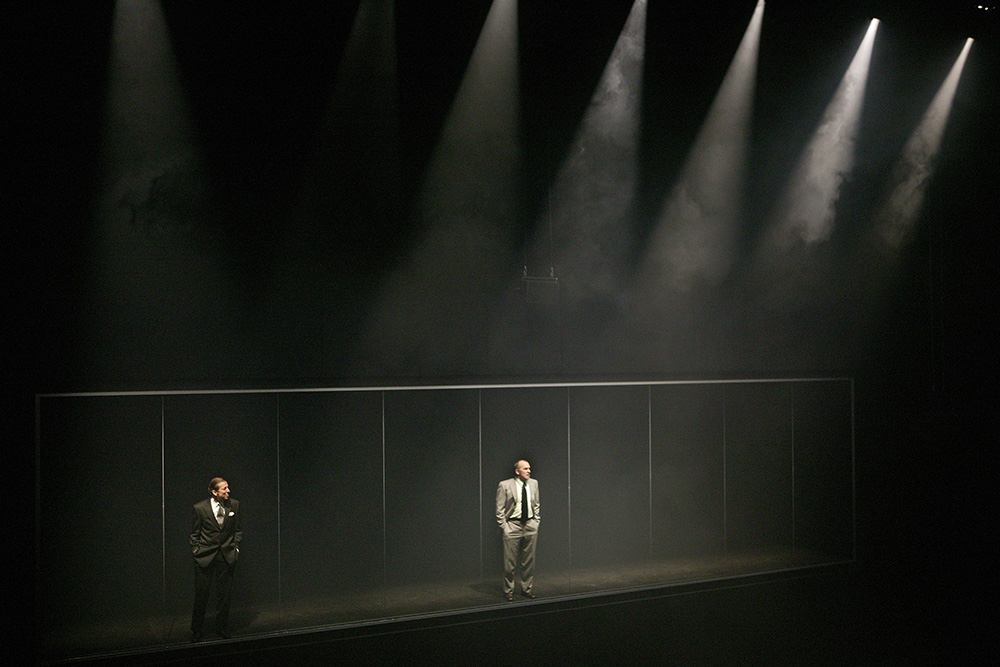 Production still for "Eldorado". L-R: Robert Menzies as Aschenbrenner, Greg Stone as Anton. Photographer: Jeff Busby