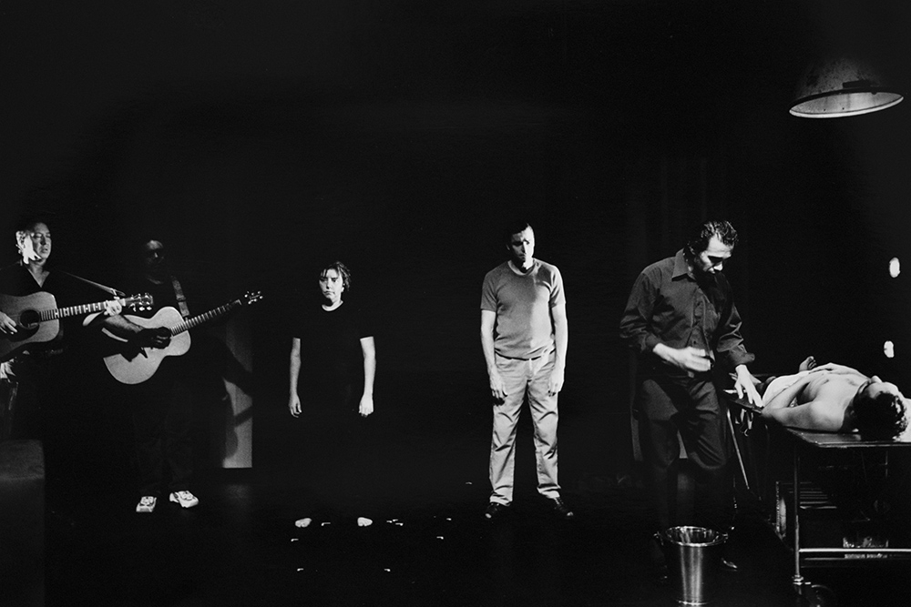 Production still for "Conversations with the Dead". L-R: Andy Baylor, Brendan Murray, Lou Bennett, Peter Docker, Aaron Pedersen, LeRoy Parsons. Photographer: Rachelle Roberts