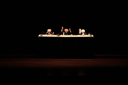 Production still for New York season of "Wild Bore". Adrienne Truscott, Ursula Martinez, Zoe Coombs Marr. Photographer: Unknown