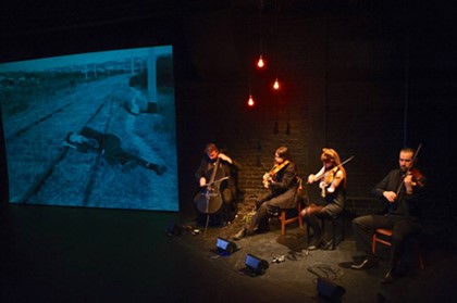 Production still for "City of Shadows". L-R: Tristen Parr, Aaron Wyatt, Hayley-Jane Ayres, Brian Kruger. Photographer Sarah Walker