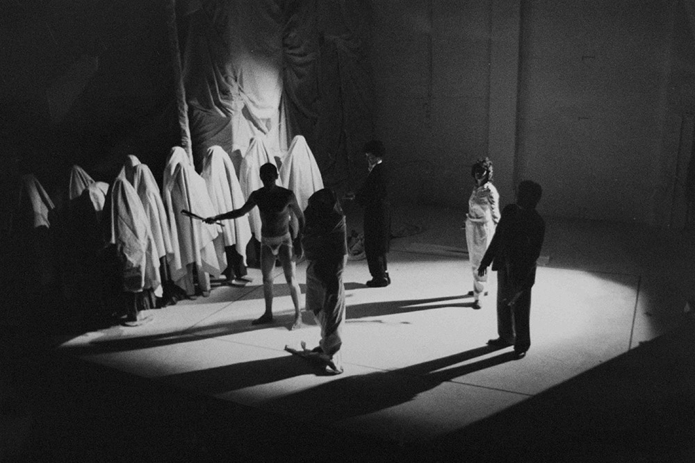 Production still for "A Whip Round for Percy Grainger". L-R: Tony Mack, David Cameron, Monica Maughan, Margaret Cameron. Photographer: Unknown
