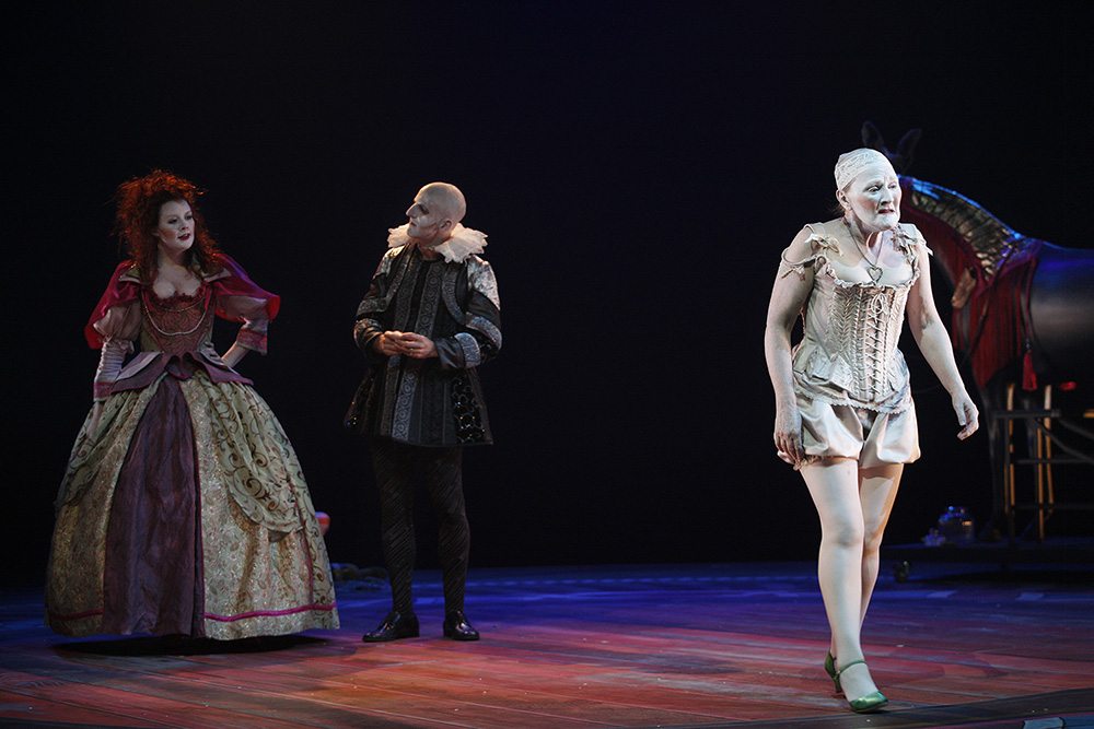 Production still for "Elizabeth, Almost by Chance a Woman". L-R: Nikki Shiels as Martha, David Woods as Egerton, Julie Forsyth as Elizabeth. Photographer: Jeff Busby 