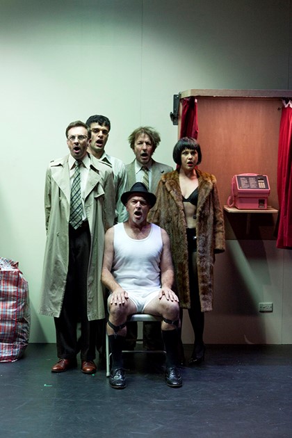 Production still for "The Government Inspector". L-R: Mitchell Butel, Fayssal Bazzi, Greg Stone (seated), Robert Menzies, Eryn-Jean Norvill. Photographer: Pia Johnson