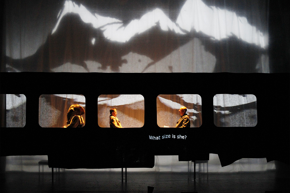 Production still for "Ganesh Versus The Third Reich". L-R: Brian Tilley, Simon Laherty, David Woods. Photographer: Jeff Busby