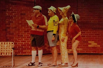 Production still for "Away". L-R: John Wood, Ross Williams, Jillian Murray, Evelyn Krape. Photographer: Jeff Busby