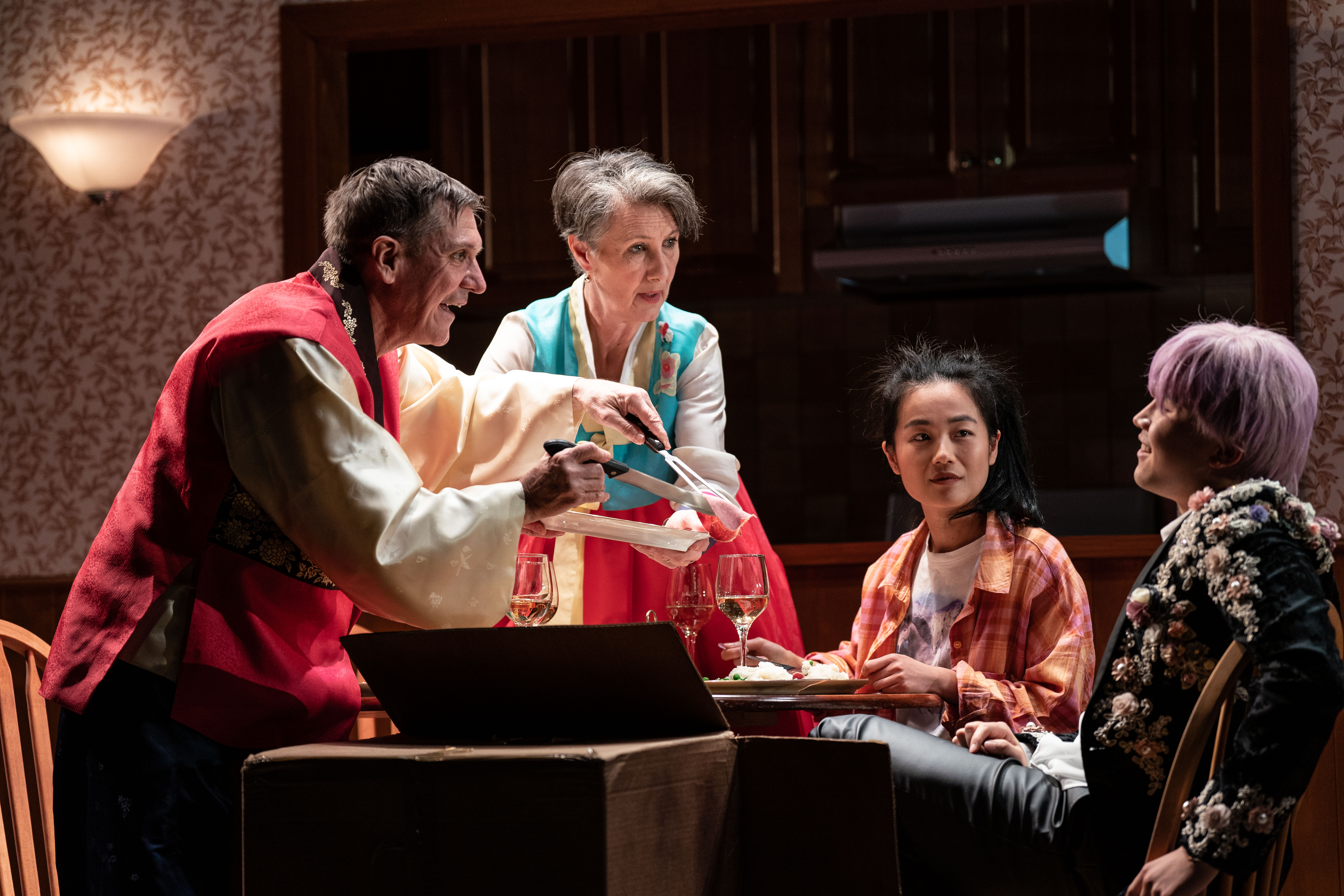 Production still for the 2022 Season of 'K-BOX'. L-R: Syd Brisbane, Maude Davey, Susanna Qian, Jeffrey Liu. Photographer: Phoebe Powell