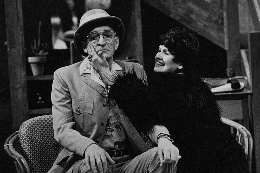 Production still for "My Son the Lawyer is Drowning". L-R: Frank Wilson as God, Beverley Dunn as Rivka. Photographer: Jeff Busby