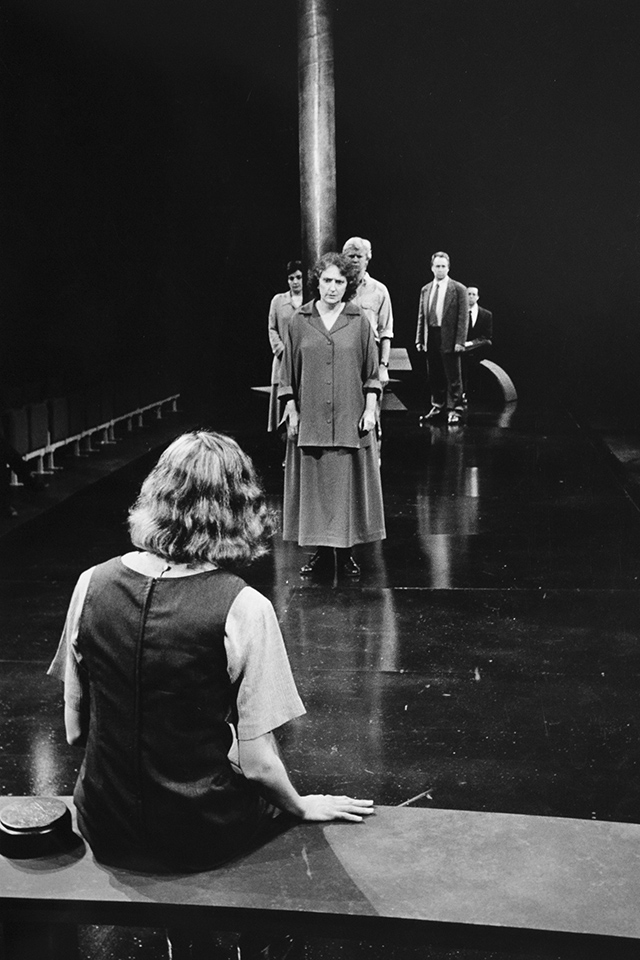 Production still for "Jerusalem". L-R: Tammy McCarthy, Robynne Bourne, Kerry Walker, Simon Wilton, Roger Oakley, Marco Chiappi. Photographer: Jeff Busby