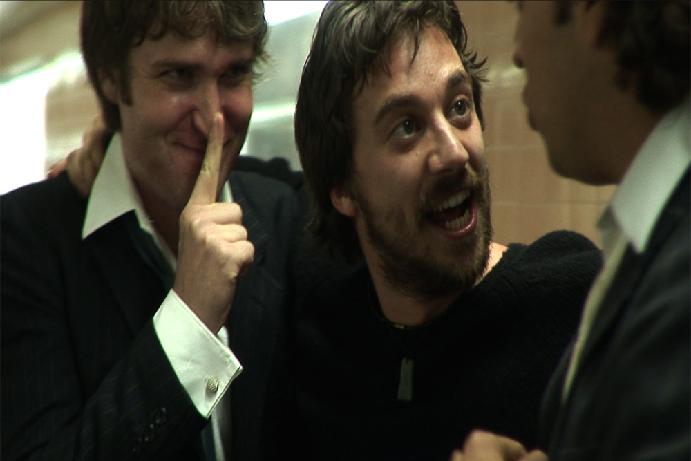 Still from the film "The Tragedy of Hamlet Prince of Denmark". L-R: Craig Robinson as Rosencrantz, Richard Pyros as Hamlet, Isaac Drandich as Guildenstern. Cinematographer: Ari Wegner