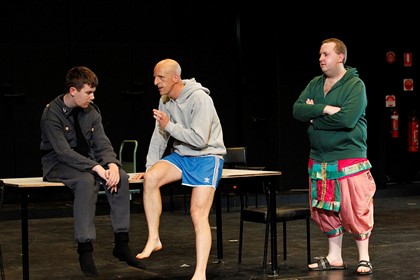 Production still for "Ganesh Versus The Third Reich". L-R: Scott Price, David Woods, Brian Tilley. Photographer: Jeff Busby
