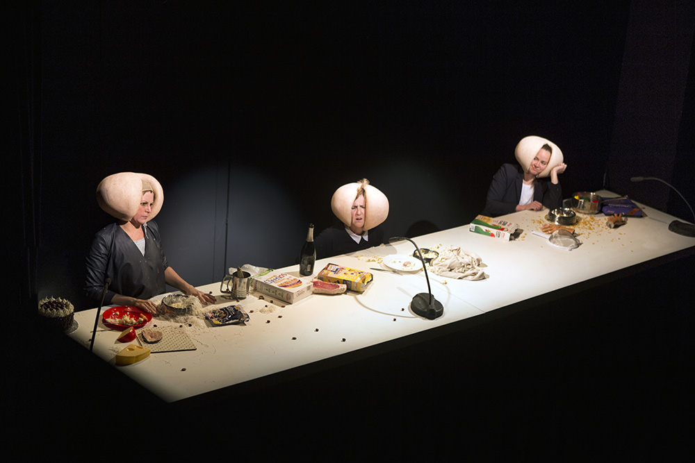 Production still for "Wild Bore". L-R: Adrienne Truscott, Ursula Martinez, Zoe Coombs Marr. Photographer: Tom Lewis Russell