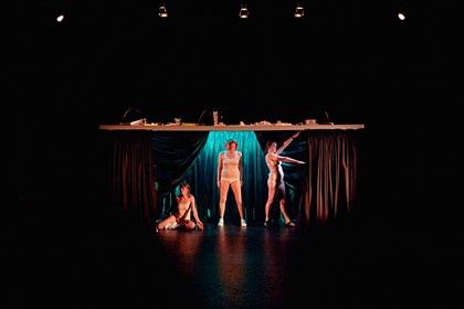 Production still for "Wild Bore". L-R: Adrienne Truscott, Ursula Martinez, Zoe Coombs Marr. Photographer: Tim Grey