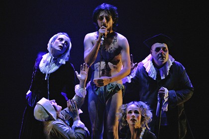 Production still for "Journal of the Plague Year". L-R: Marta Dusseldorp (standing), Julie Forsyth, Matthew Whittet, Lucy Taylor, Ross Williams. Photographer: Lisa Tomasetti