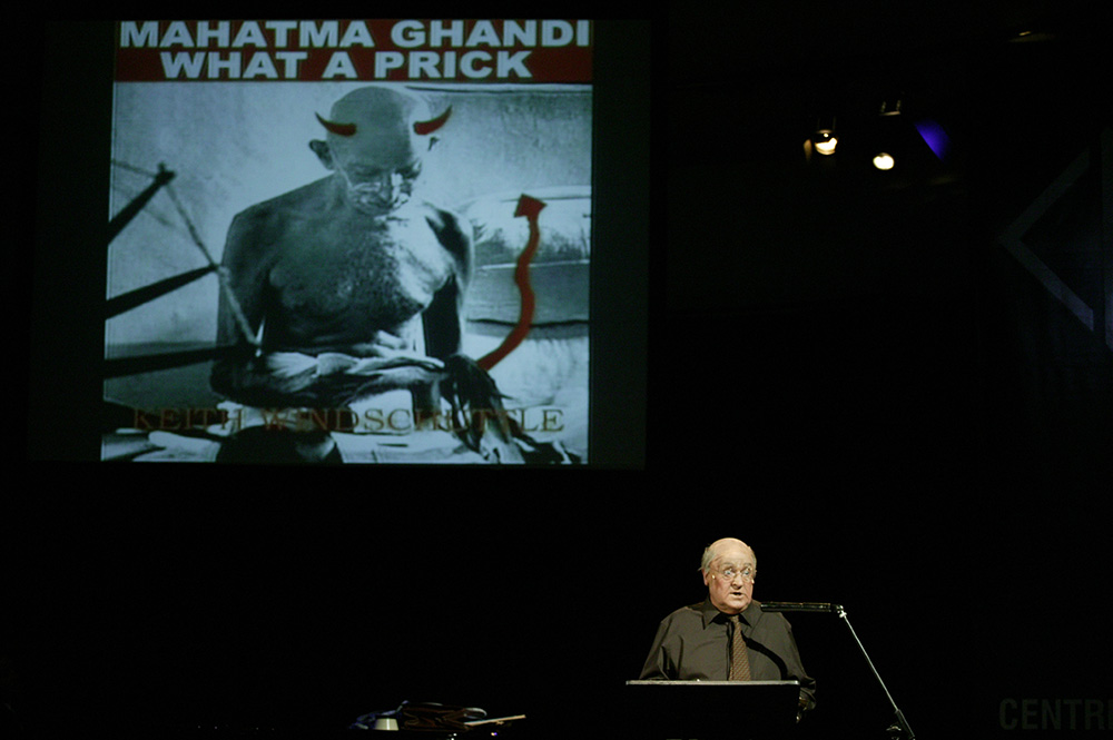 Production still for "The Big Con". Max Gillies as Keith Windschuttle. Photographer: Lisa Tomasetti