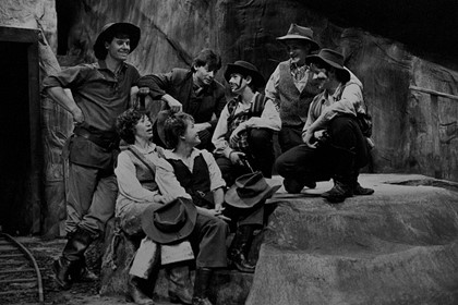 Production still for "The Oath of Bad Brown Bill". Cast pictured includes Peter Cox, Simon O'Laughlin, James Harkness, David O'Keeffe, Jan Friedl. Photographer: Jeff Busby