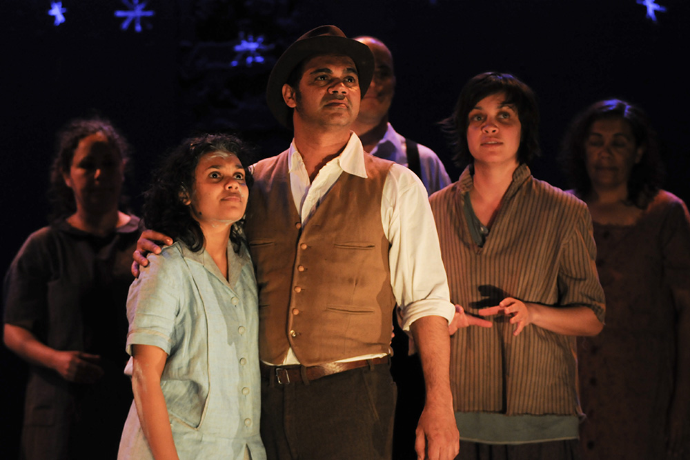 Production still for Sydney season of "Yibiyung". L-R: (front) Miranda Tapsell as  Yibiyung, David Page as Uncle, Jada Alberts as Yirribin. Photographer: Heidrun Löhr
