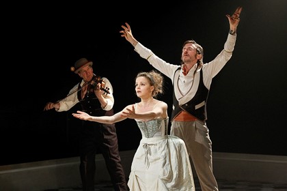 Production still for "The Story of Mary Maclane By Herself". L-R: Andy Baylor, Bojana Novakovic, Tim Rogers. Photographer: Jeff Busby