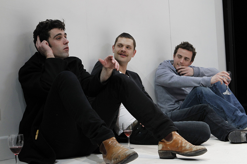 Production still for "Thyestes". L-R: Mark Leonard Winter, Thomas Henning, Chris Ryan. Photographer: Jeff Busby