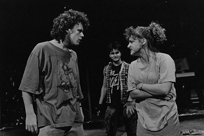 Production still for "Riff Raff: the Re-mix". L-R: Justin Connor as Mick, Anthony de Fazio as Doogs, Tania Klerfon as Razie. Photographer: Jeff Busby